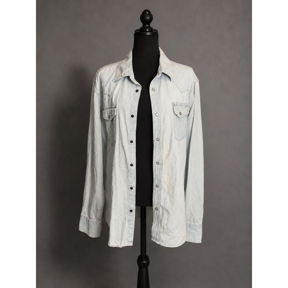 Tecovas Women’s Pearl Snap Denim Shirt Light Wash Western Large